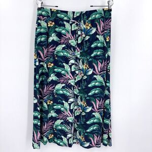 Loft Midi Skirt Size Small Dark Blue Floral Flowers Palm Tropical Vacation Rayon